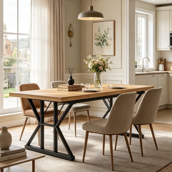 Fnova 70.86 Inch Farmhouse Dining Table, X-Shaped Metal Legs, Large Rectangular Kitchen Table for 6-8 People, Heavy Duty Dining Room Furniture