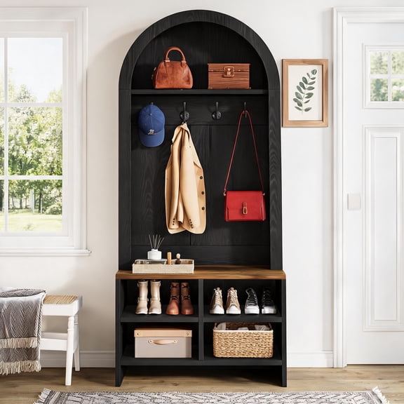 Fnova 70.87" Arched Hall Tree with Shoe Bench & Shoe Storage, 4-in-1 Tall Coat Rack with 4 Hooks & Storage Cubbies for Entryway, Hallway, Black& Brown