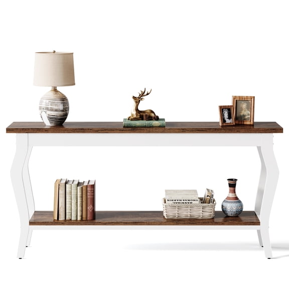 Fnova 70.87" Extra Long 2-Tier Console Table, Curved Leg Wood Top Sofa Table with Sturdy Metal Frame for Entryway Hallway Living Room Foyer Decor