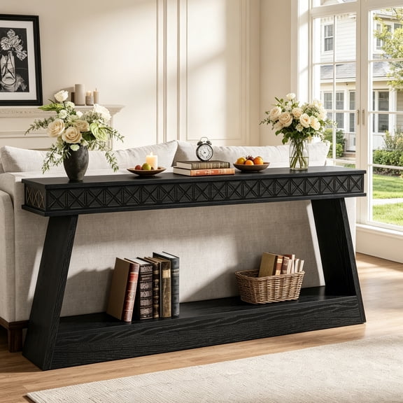 Fnova 70.87" Farmhouse Console Table, 2-Tier Wood Entryway Sofa Table with Storage Shelf, Narrow Foyer Table for Living Room, Hallway, Black
