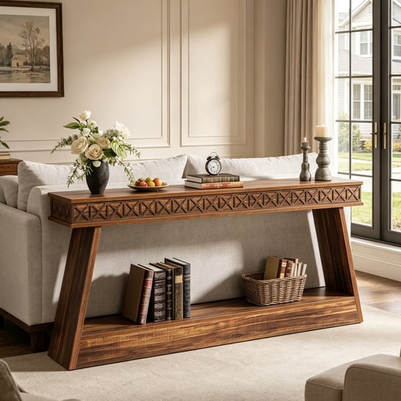 Fnova 70.87" Farmhouse Console Table, 2-Tier Wood Entryway Sofa Table with Storage Shelf, Narrow Foyer Table for Living Room, Hallway, Dark Brown