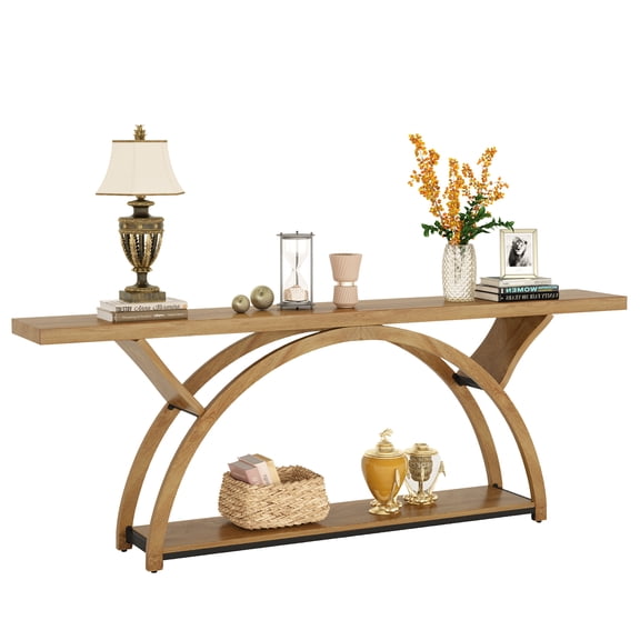 Fnova 70.87" Farmhouse Console Table, Narrow Long Industrial Sofa Table Behind Couch with Storage Shelf, 2-Tier Rustic Entryway Table with Half Moon Frame for Hallway, Living Room
