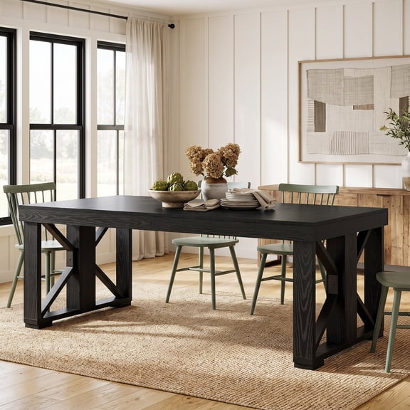 Fnova 70.87" Farmhouse Dining Table for 6-8 People, Industrial Wood Rectangular Kitchen Table with Sturdy Metal X-Frame for Living Room, Kitchen