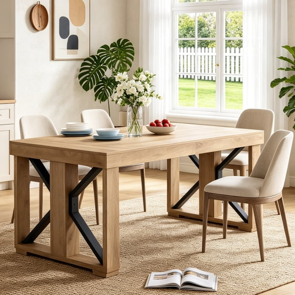 Fnova 70.87" Farmhouse Dining Table for 6-8 People, Industrial Wood Rectangular Kitchen Table with Sturdy Metal X-Frame for Living Room, Kitchen
