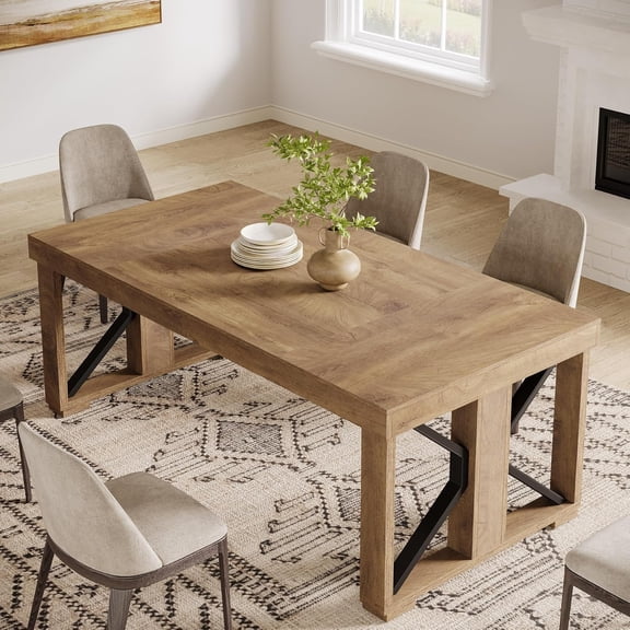 Fnova 70.87" Farmhouse Dining Table for 6-8 People, Industrial Wood Rectangular Kitchen Table with Sturdy Metal X-Frame for Living Room, Kitchen