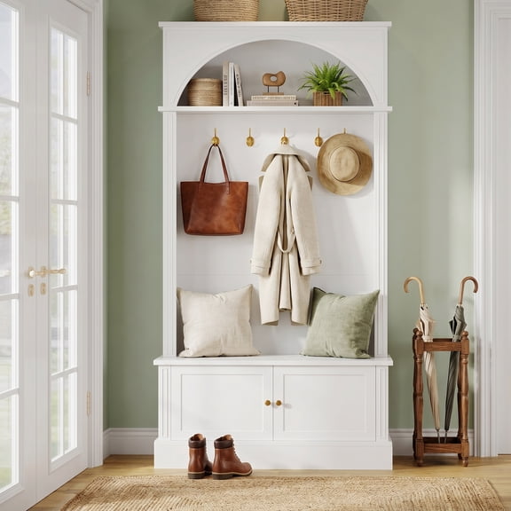 Fnova 70.87" Hall Tree with Storage Bench, 4-in-1 Design Bench with Coat Rack, Farmhouse Closet Organizer with 5 Hooks and Adjustable Shelves, White