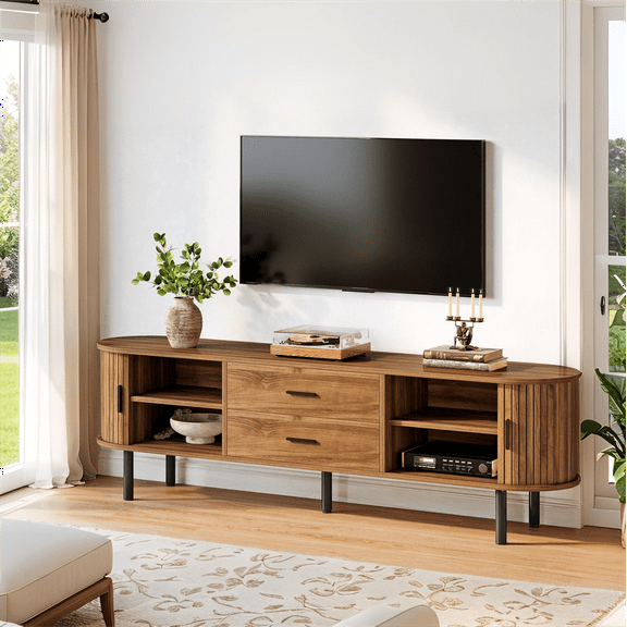 Fnova 70.87" Modern TV Stand for 75" TV, Oval Wooden Media Console Cabinet with 2 Drawers, 4 Adjustable Shelves for Living Room, Entryway, Bedroom