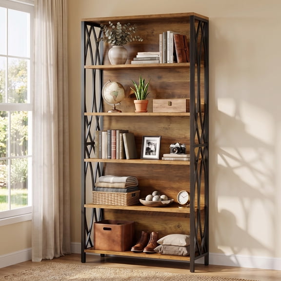 Fnova 70.87" Tall Industrial Storage Shelf Unit, Geometric Frame Open Bookcase Display for Living Room Bedroom Home Office Kitchen