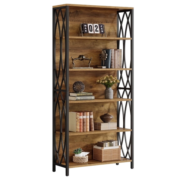 Fnova 70.87" Tall Industrial Storage Shelf Unit, Geometric Frame Open Bookcase Display for Living Room Bedroom Home Office Kitchen
