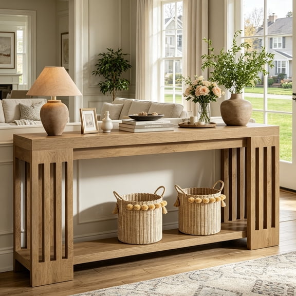 Fnova 70.9" Console Table, 2-Tier Extra Long Farmhouse Entryway Table with Vertical Stripe Legs, Wood Sofa Table for Living Room, Hallway, Entrance