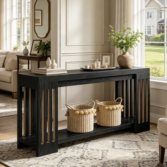Fnova 70.9" Console Table, 2-Tier Extra Long Farmhouse Entryway Table with Vertical Stripe Legs, Wood Sofa Table for Living Room, Hallway, Entrance