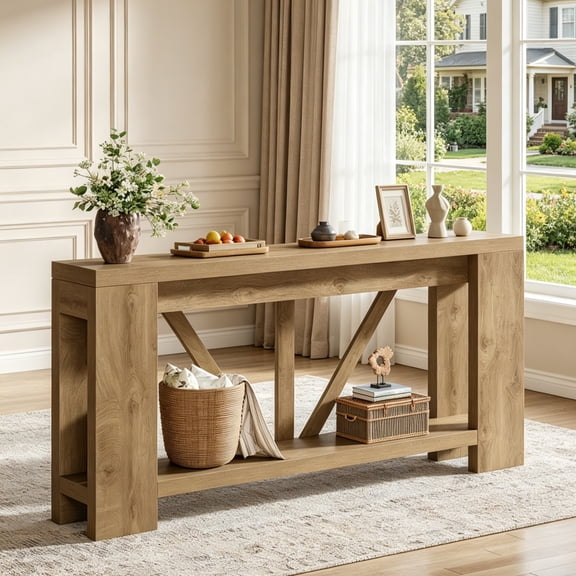 Fnova 70.9" Console Table, 2-Tier Farmhouse Entryway Table, Narrow Long Wood Sofa Table Behind Couch with V-Shaped Support for Living Room, Hallway, Foyer