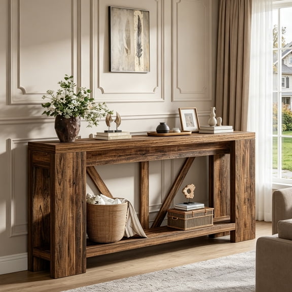 Fnova 70.9" Console Table, 2-Tier Farmhouse Entryway Table, Narrow Long Wood Sofa Table Behind Couch with V-Shaped Support for Living Room, Hallway, Foyer