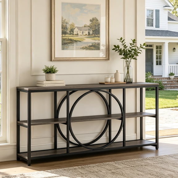 Fnova 70.9" Console Table, 3-Tier Extra Long Industrial Entryway Table Sofa Table with Circular Metal Frame & Open Storage for Entryway, Hallway, Living Room