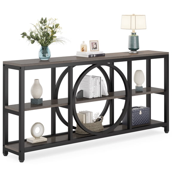 Fnova 70.9" Console Table, 3-Tier Extra Long Industrial Entryway Table Sofa Table with Circular Metal Frame & Open Storage for Entryway, Hallway, Living Room
