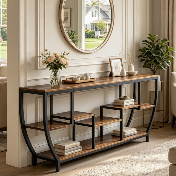 Fnova 70.9" Console Table, Entertainment Center TV Stand with Storage Shelves, Industrial Entryway Sofa Table for Living Room, Entryway, Hallway