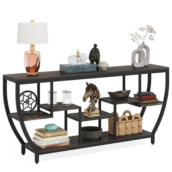 Fnova 70.9" Console Table, Entertainment Center TV Stand with Storage Shelves, Industrial Entryway Sofa Table for Living Room, Entryway, Hallway