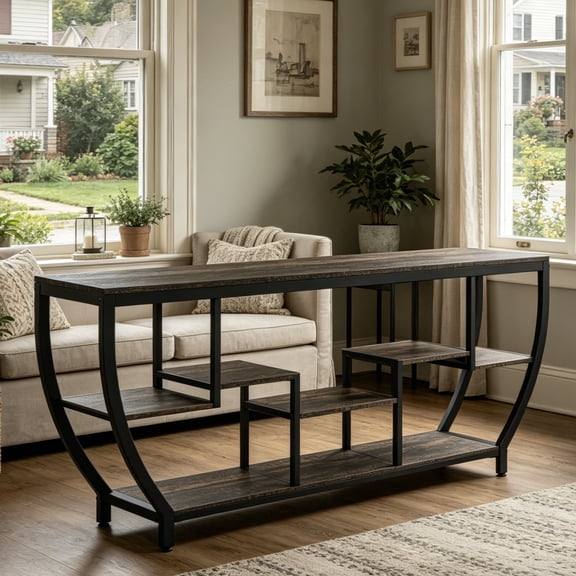 Fnova 70.9" Console Table, Entertainment Center TV Stand with Storage Shelves, Industrial Entryway Sofa Table for Living Room, Entryway, Hallway