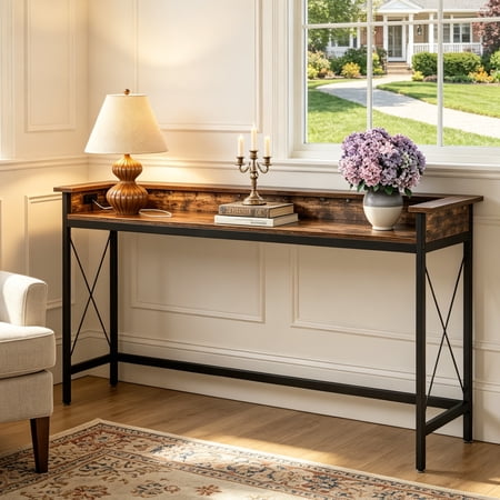 Fnova 70.9" Console Table, Extra Long Sofa Table with Outlets and USB Ports, Industrial Entryway Table with Charging Station, Narrow Hallway Accent Table for Living Room, Hallway, Foyer
