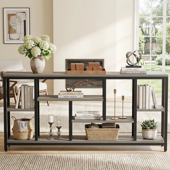 Fnova 70.9" Extra Long Industrial Console Table, 3-Tier Narrow Entryway Table with Storage Shelves, Sturdy Sofa Table for Living Room, Hallway