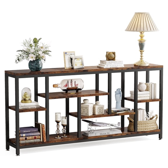 Fnova 70.9" Extra Long Industrial Console Table, 3-Tier Narrow Entryway Table with Storage Shelves, Sturdy Sofa Table for Living Room, Hallway