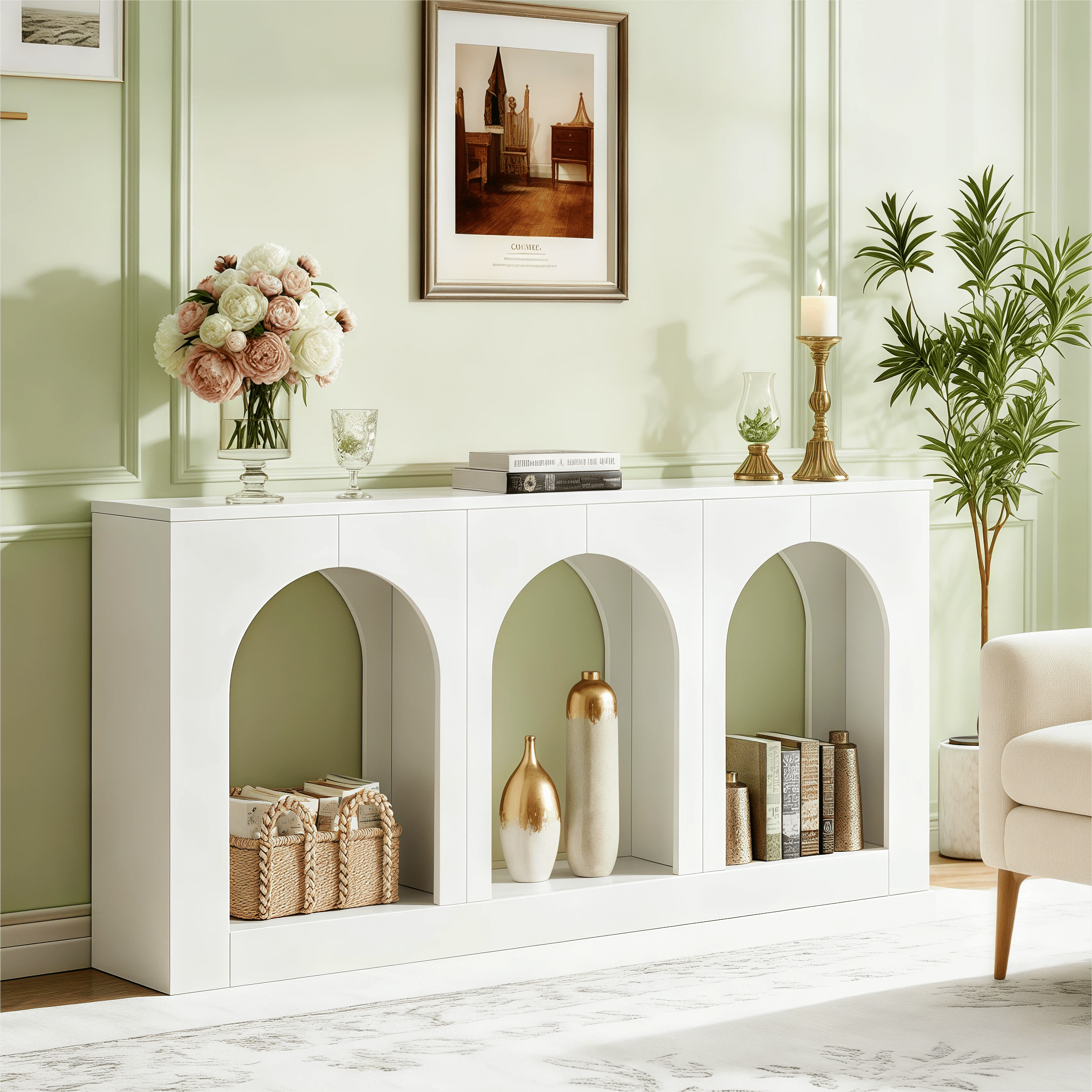 Fnova 70.9" Farmhouse Console Table, Narrow Long Sofa Table with 3 Arched Storage Shelves, Wood Entryway Table for Foyer, Hallway, Living Room, Behind Couch