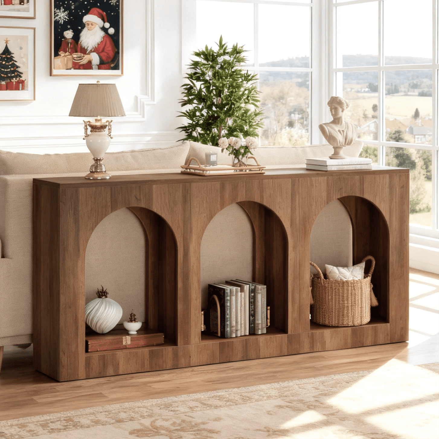Fnova 70.9" Farmhouse Console Table, Narrow Long Sofa Table with 3 Arched Storage Shelves, Wood Entryway Table for Foyer, Hallway, Living Room, Behind Couch