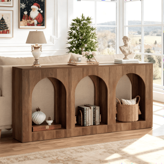 Fnova 70.9" Farmhouse Console Table, Narrow Long Sofa Table with 3 Arched Storage Shelves, Wood Entryway Table for Foyer, Hallway, Living Room, Behind Couch