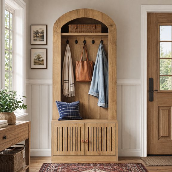 Fnova 70.9" Hall Tree with Bench and Shoe Storage, Farmhouse Arched Entryway Coat Rack with 5 Hooks & 2 Fluted Doors, Brown