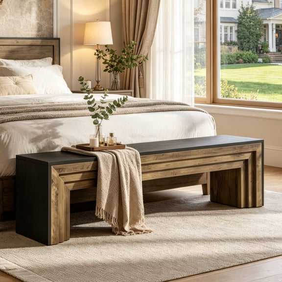 Fnova 70.9 Inch Extra Long Entryway Bench, MDF with Metal Support Modern Farmhouse Bench for Hallway Living Room Bedroom Dining Room TV Stand