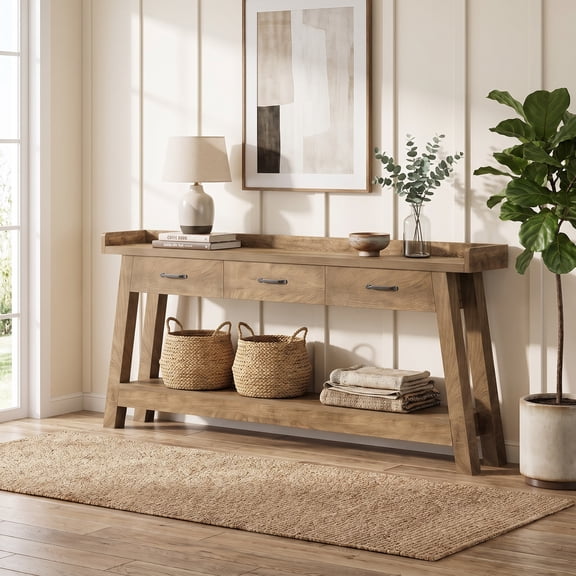 Fnova 70.9-Inch Sofa Console Table with 3 Drawers, 2-Tier Extra Long Farmhouse Entryway Table with Raised Baffle and Storage Shelves for Living Room, Hallway, Behind Couch