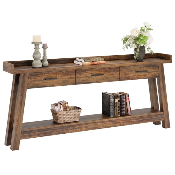 Fnova 70.9-Inch Sofa Console Table with 3 Drawers, 2-Tier Extra Long Farmhouse Entryway Table with Raised Baffle and Storage Shelves for Living Room, Hallway, Behind Couch