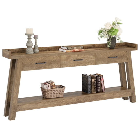 Fnova 70.9-Inch Sofa Console Table with 3 Drawers, 2-Tier Extra Long Farmhouse Entryway Table with Raised Baffle and Storage Shelves for Living Room, Hallway, Behind Couch