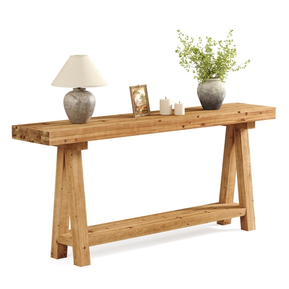 Fnova 70.9 Inch Solid Wood Console Table, Farmhouse 2-Tier Sofa Table Behind Couch with Storage Shelf for Living Room, Hallway, Foyer