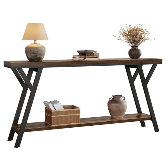 Fnova 70.9" Industrial Console Table, 2-Tier Rustic Entryway Table with X-Shaped Frame, Narrow Long Sofa Table for Living Room, Hallway
