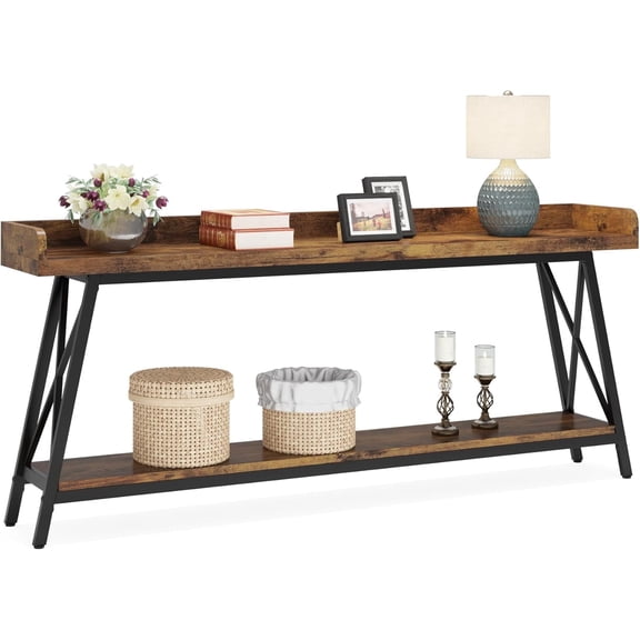 Fnova 70.9" Industrial Console Table, 2-Tier Rustic Extra Long Entryway Table, Narrow Sofa Bar Table for Living Room, Hallway, Entryway