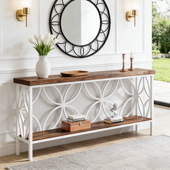 Fnova 70.9" Industrial Console Table, 2-Tier Wood Storage Narrow Sofa Table, Behind Couch with Metal Frame, for Living Room, Entryway, Foyer, Easy Assembly