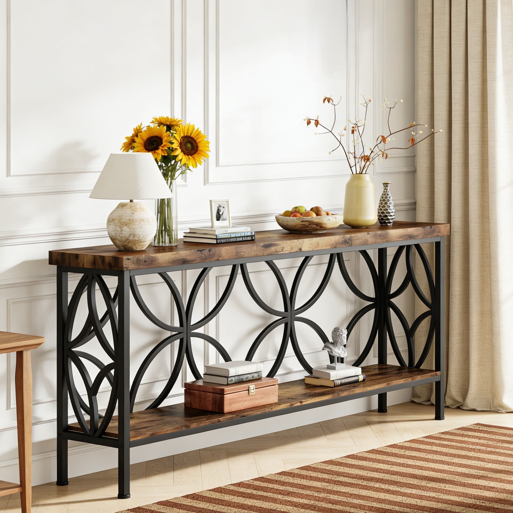 Fnova 70.9" Industrial Console Table, 2-Tier Wood Storage Narrow Sofa Table, Behind Couch with Metal Frame, for Living Room, Entryway, Foyer, Easy Assembly