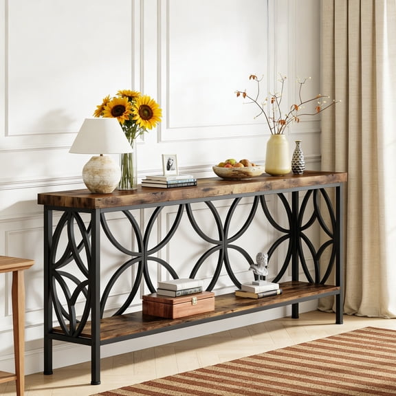 Fnova 70.9" Industrial Console Table, 2-Tier Wood Storage Narrow Sofa Table, Behind Couch with Metal Frame, for Living Room, Entryway, Foyer, Easy Assembly