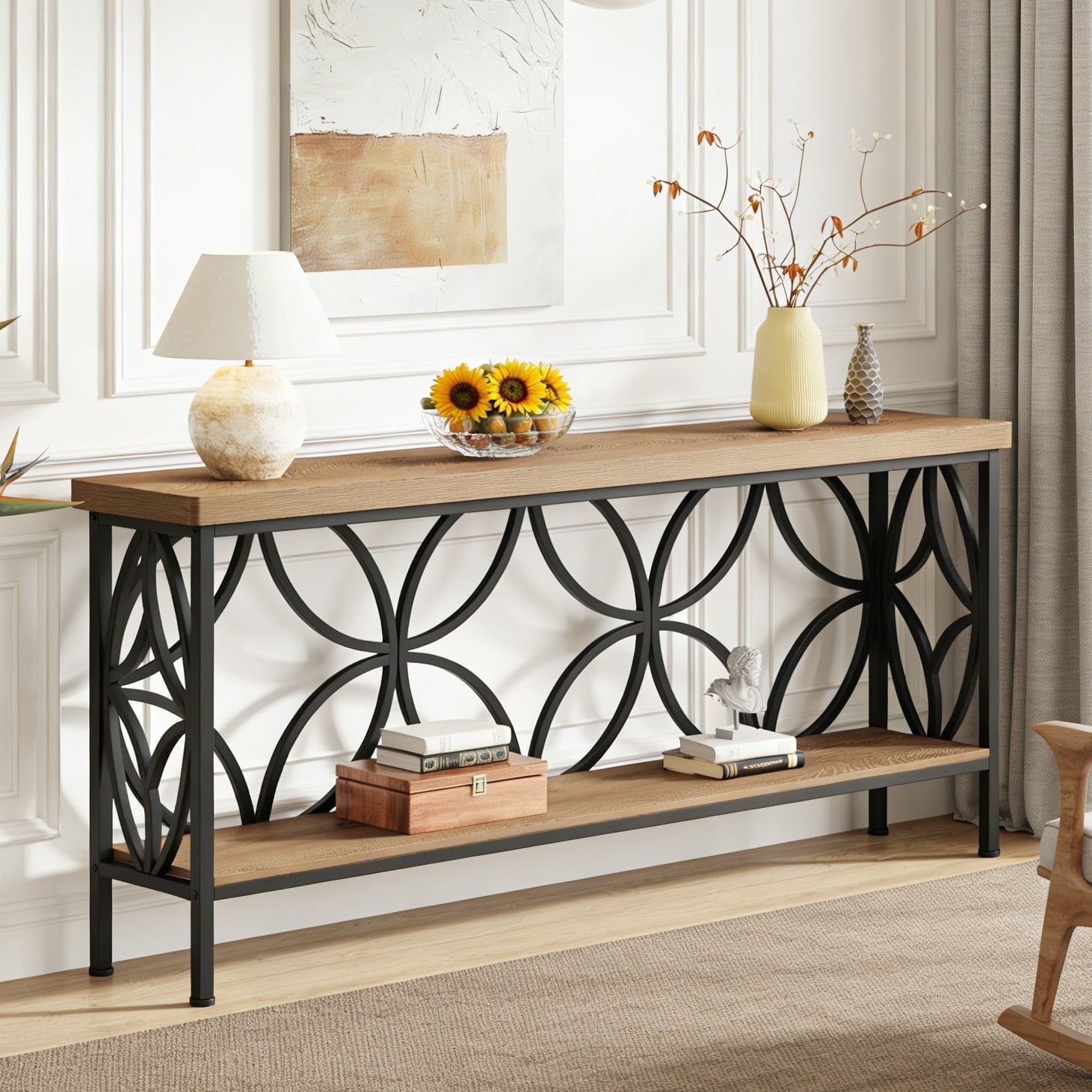 Fnova 70.9" Industrial Console Table, 2-Tier Wood Storage Narrow Sofa Table, Behind Couch with Metal Frame, for Living Room, Entryway, Foyer, Easy Assembly