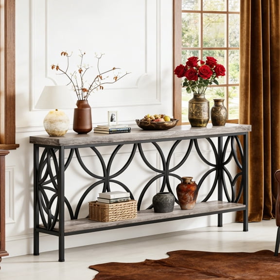 Fnova 70.9" Industrial Console Table, 2-Tier Wood Storage Narrow Sofa Table, Behind Couch with Metal Frame, for Living Room, Entryway, Foyer, Easy Assembly