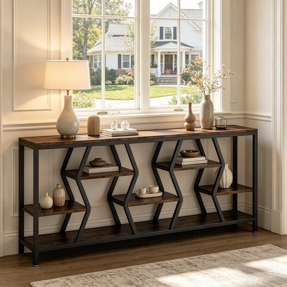 Fnova 70.9" Industrial Console Table, Extra Long Narrow Entryway Table with 4 Tier Storage Shelves, Sofa Table Behind Couch for Hallway, Living Room, Foyer