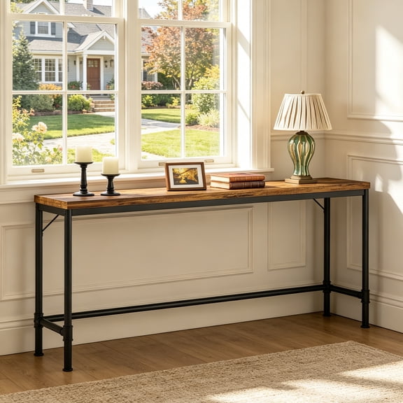 Fnova 70.9" Industrial Long Console Table, Narrow Sofa Table Behind Couch, Entryway Hallway Table with Sturdy Metal Frame for Living Room, Hallway, Foyer