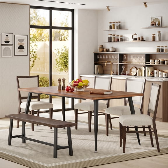 Fnova 70.9" Large Rectangle Dining Table for 6-8, Industrial Kitchen Furniture with Sturdy Metal Legs, Modern Dinner Table, Rustic Brown Black