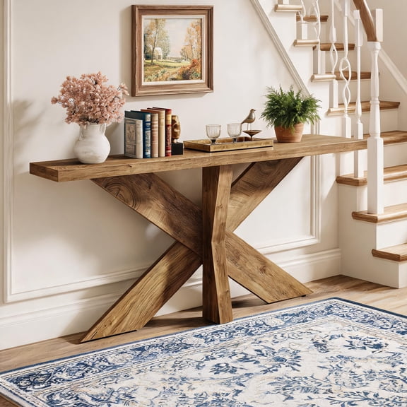 Fnova 70.9" Long Console Entry Table with Wooden Geometric Base, Sofa Table for Entryway, Living Room, Oak Brown