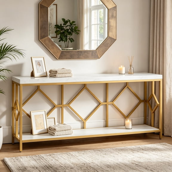 Fnova 70.9" Modern Console Table, 2-Tier Extra Long Narrow Entryway Table, Storage Sofa Table for Living Room, Small Spaces