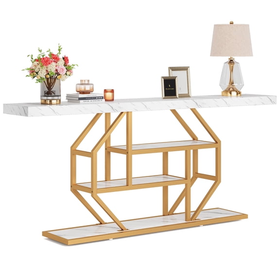 Fnova 70.9" Modern Console Table, Gold & White Faux Marble Extra Long Entryway Table, 4-Tier Narrow Sofa Table for Living Room, Hallway, Entrance