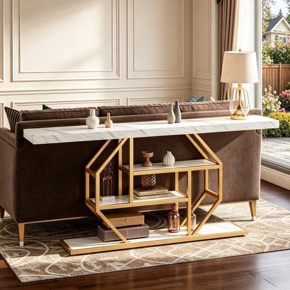 Fnova 70.9" Modern Console Table, Gold & White Faux Marble Extra Long Entryway Table, 4-Tier Narrow Sofa Table for Living Room, Hallway, Entrance