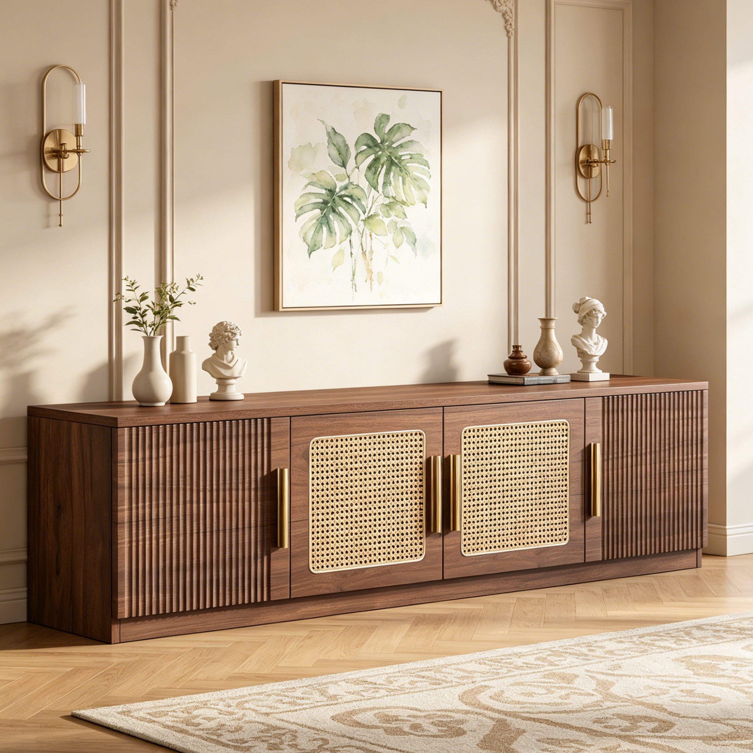 Fnova 70.9" Modern TV Stand with 6-Tier Storage, Wood Rattan Media Console for TVs Up to 80 Inches, Living Room Entertainment Center, Large TV Cabinet with Shelves for Bedroom/Entryway