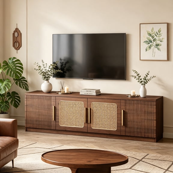 Fnova 70.9" Farmhouse TV Stand for TVs up to 80", Wood Rattan Entertainment Center with Storage Shelves for Living Room Bedroom